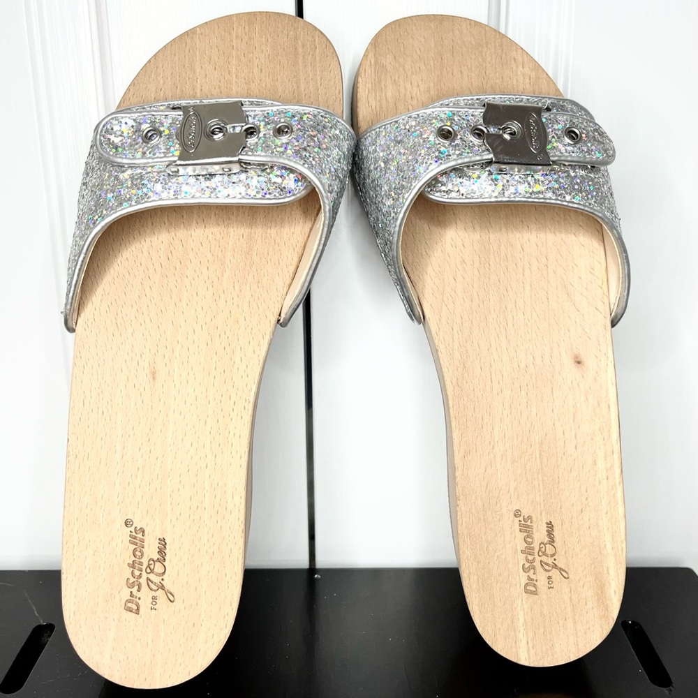 J Crew & Dr Scholls Silver Sandals with Glittery Straps and Flat Sole Clog - Picture 2 of 11
